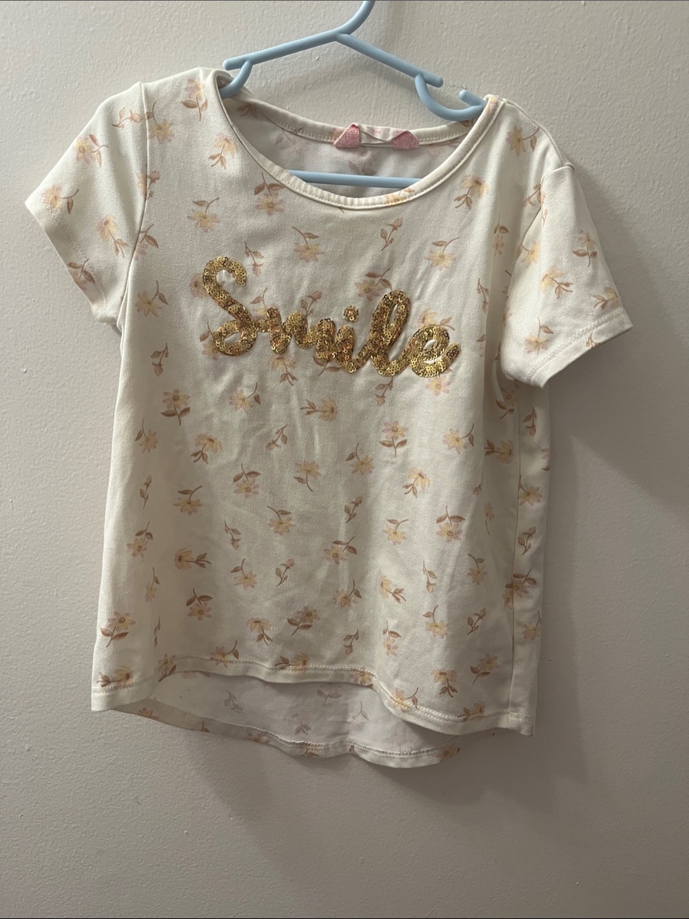 Cream Floral Tee with Gold Sequin "Smile"